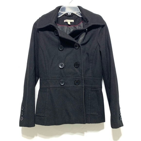 American Rag Black Classic Wool Blend Double Breasted Pea Coat Button Up Small - Picture 1 of 9